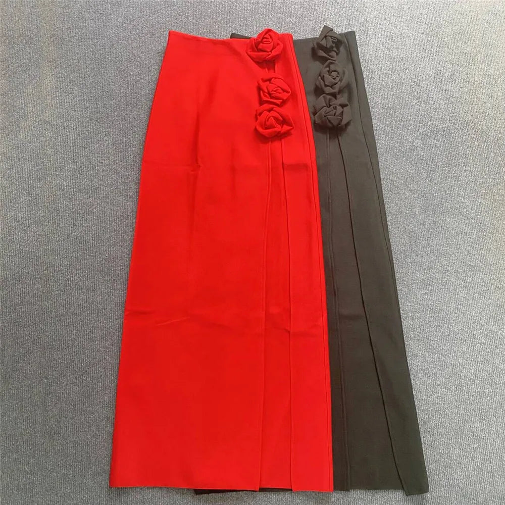 2024 summer new women's clothing red three-dimensional flower high slit bandage long skirt half skirt elegant fashion party wear