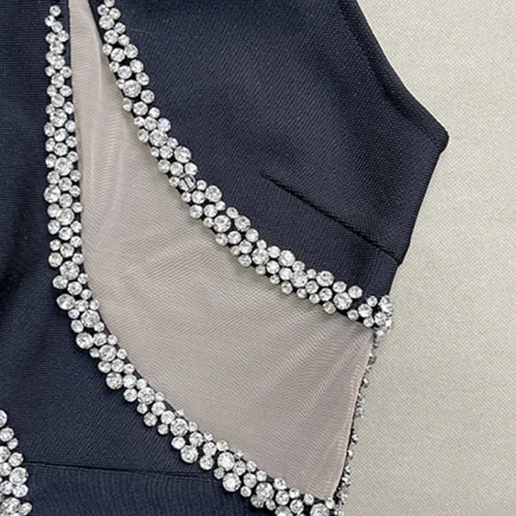 Women Sexy Mesh Diamonds Beading Black Maxi Long Diamonds Celebrity Bodycon Bandage Dress 2025 Elegant Evening Club Party Dress