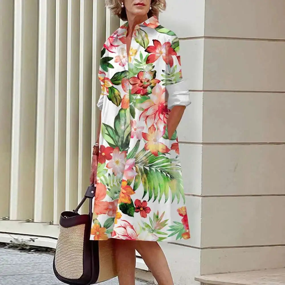 Vestidos de camisa elegantes femininos, moda outono, florais, manga comprida, soltos, linha A, vestidos femininos para escritório, vermelho, verde, lapela