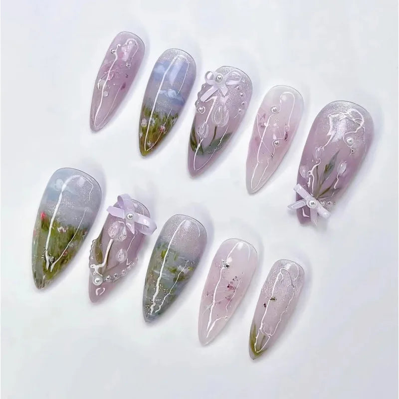 24pcs/set Floral Pattern Press-On Nail Set Mixed Color Ballet Shape Medium Length Simple Sweet Elegant Luxury Style Fake Nails