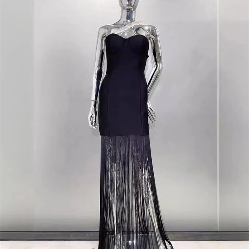 2024 Summer Women New Black Sexy One Shoulder Diamond Sleeveless Bodycon Bandage Dress Elegant Fashion Tassel Long Dress