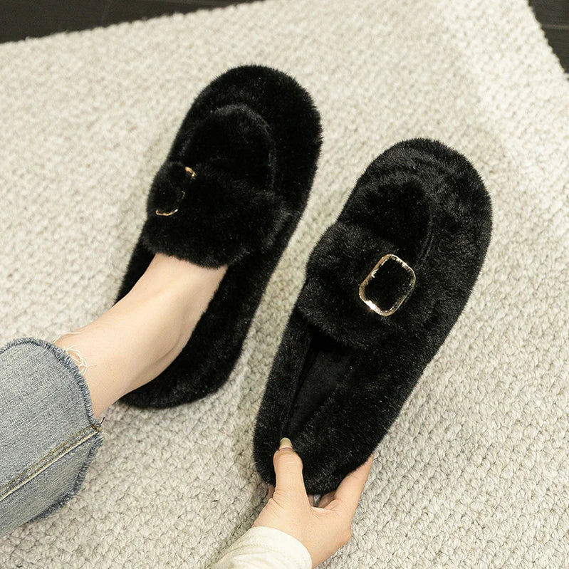winter women's outdoor plush warm shoes Korean style metal belt buckle snow boots black boat shoes Ladies' casual flats