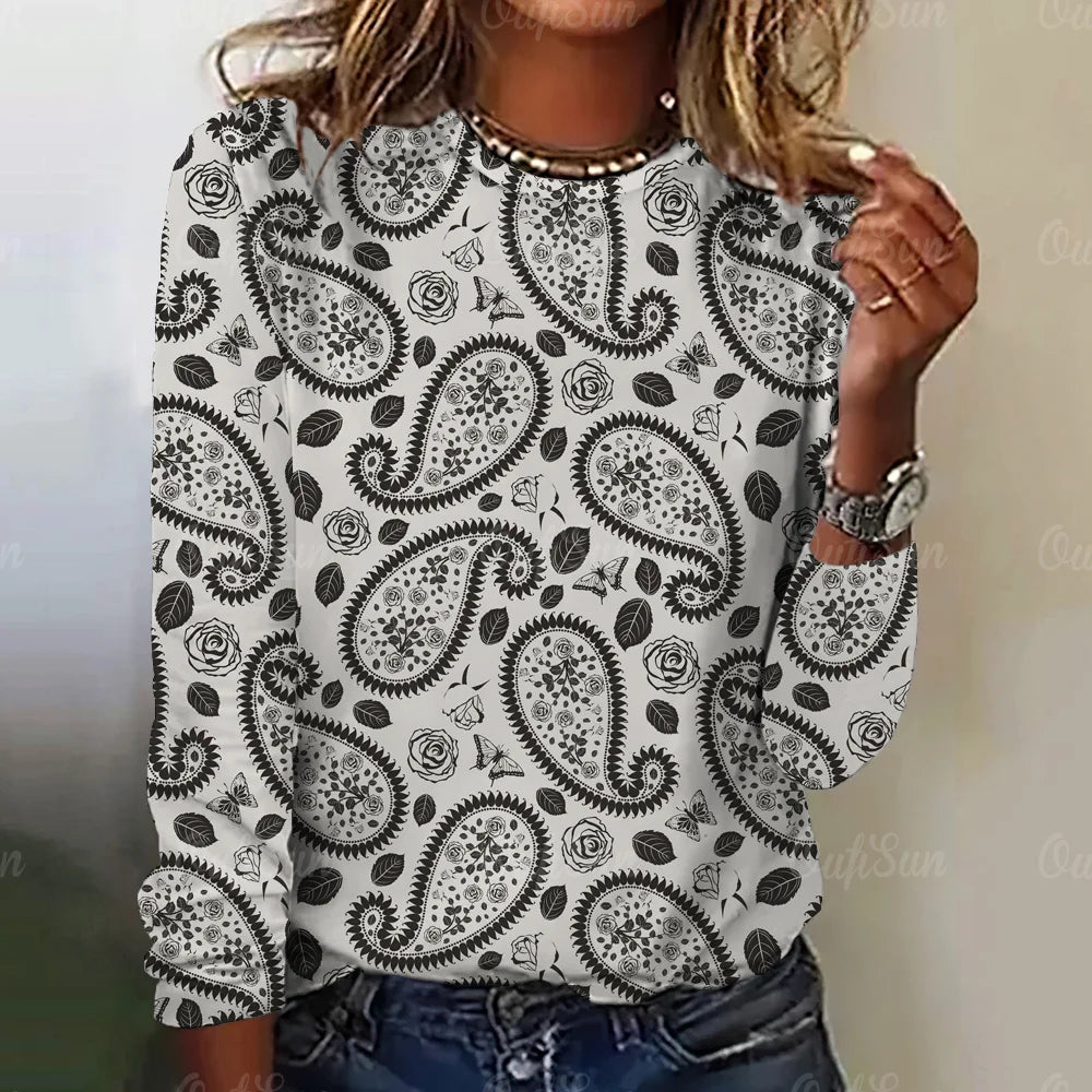 Paisley Print Top Women Long Sleeved Streetwear Summer Vintage Tee Women's Fashion O Neck T Shirts Y2k Oversized Female Clothing