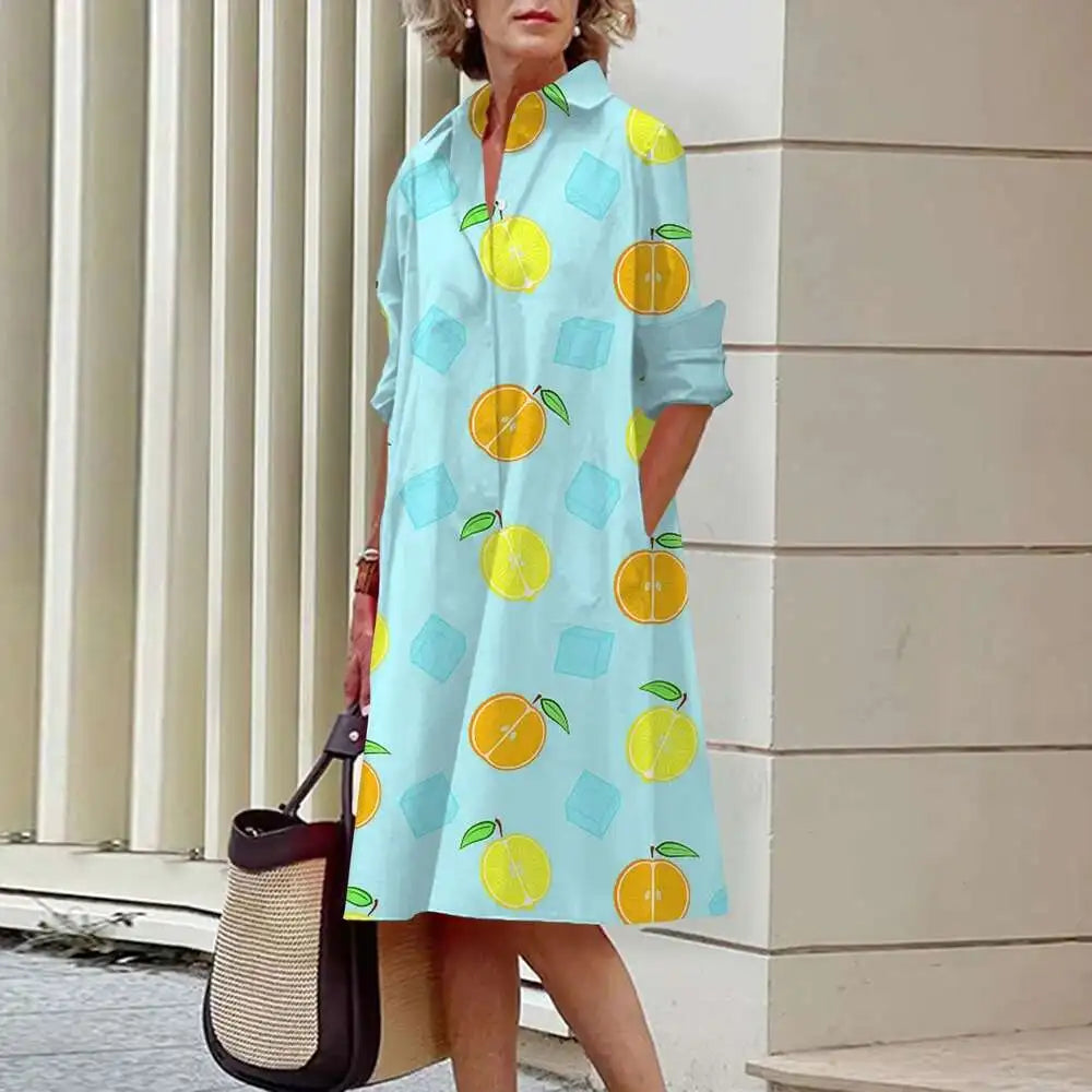 Vestidos de camisa elegantes femininos, moda outono, florais, manga comprida, soltos, linha A, vestidos femininos para escritório, vermelho, verde, lapela