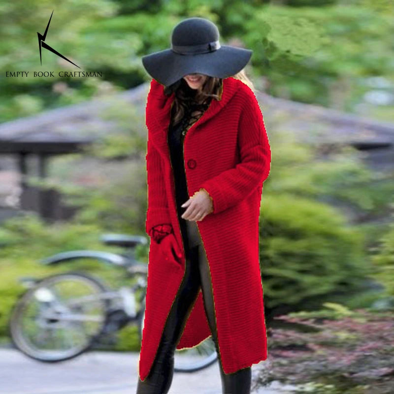 Cashmere Cardigan in Autumn and Winter Women'sloose Long Sleeve Sweater Solid Color Knitted Long Thickened Top Red