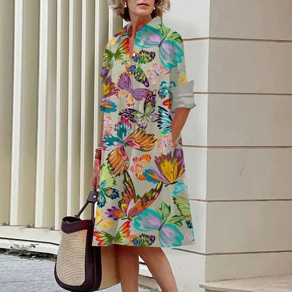 Vestidos de camisa elegantes femininos, moda outono, florais, manga comprida, soltos, linha A, vestidos femininos para escritório, vermelho, verde, lapela