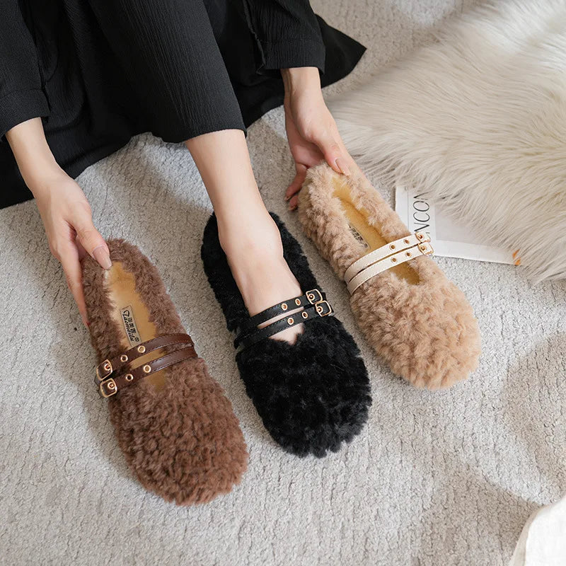winter women's plush warm shoes Korean style pump loafers party and work wear Ladies' casual flats mary jane boat shoes