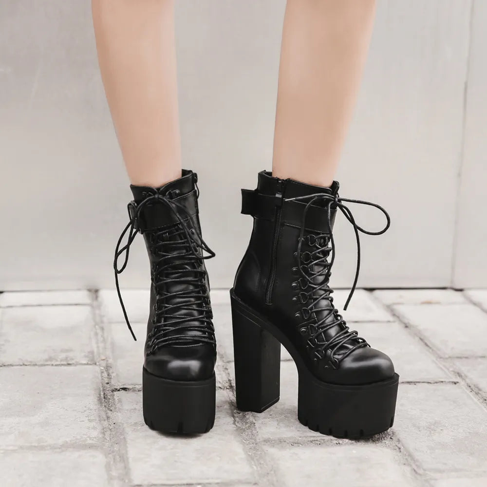 Women's Platform Chunky High Heel Ankle Boots Black Buckle Strap Lace Up Side Zipper Motorcycle Boots Punk Style Shoes