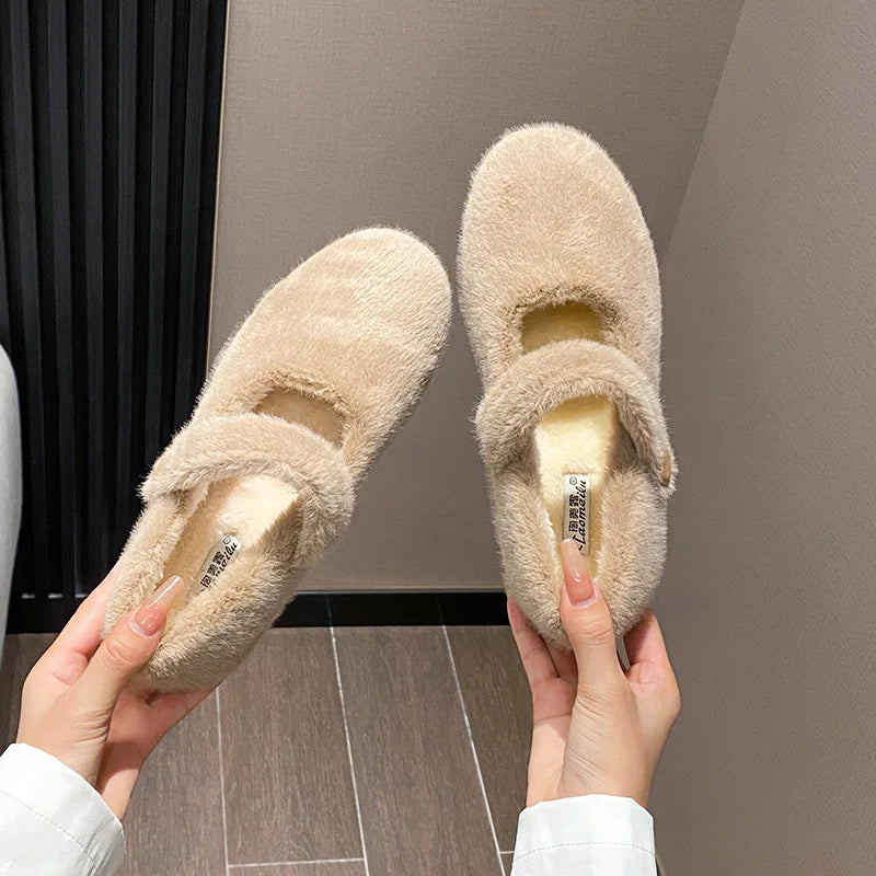 Winter Warm Women’s Plush Flat Shoes Korean style mary jane Ladies casual boat shoes Outdoor work shoes
