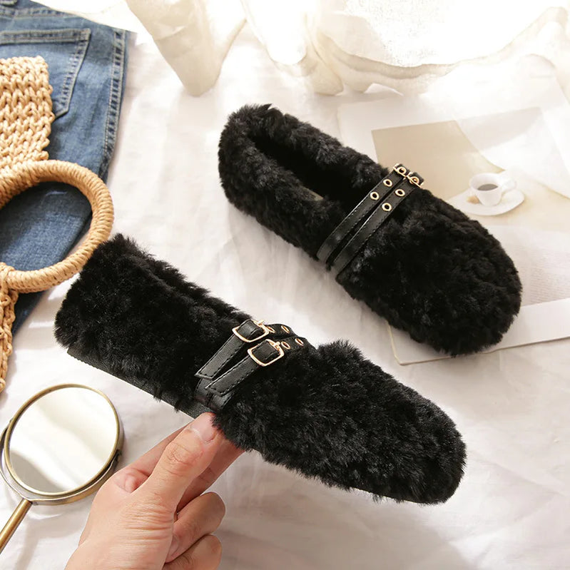 winter women's plush warm shoes Korean style pump loafers party and work wear Ladies' casual flats mary jane boat shoes