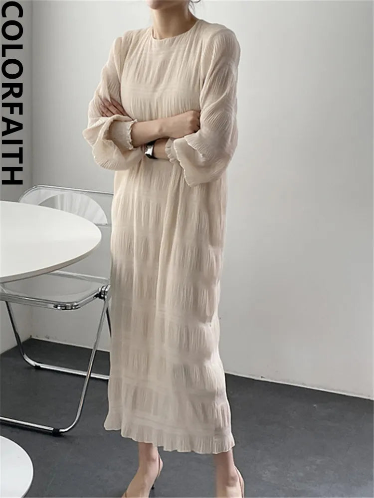Vintage Elegant High Waist Pleated Chiffon Fashionable Korean Lady Women Spring Summer Long Dresses