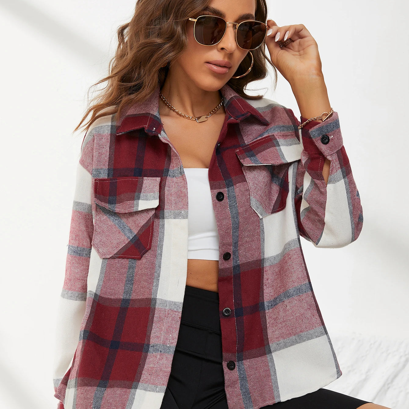 Lapel Plaid Women‘s Shirts Spring Autumn Single Breasted Brushed Long Sleeve Blouses Streetwear Girls