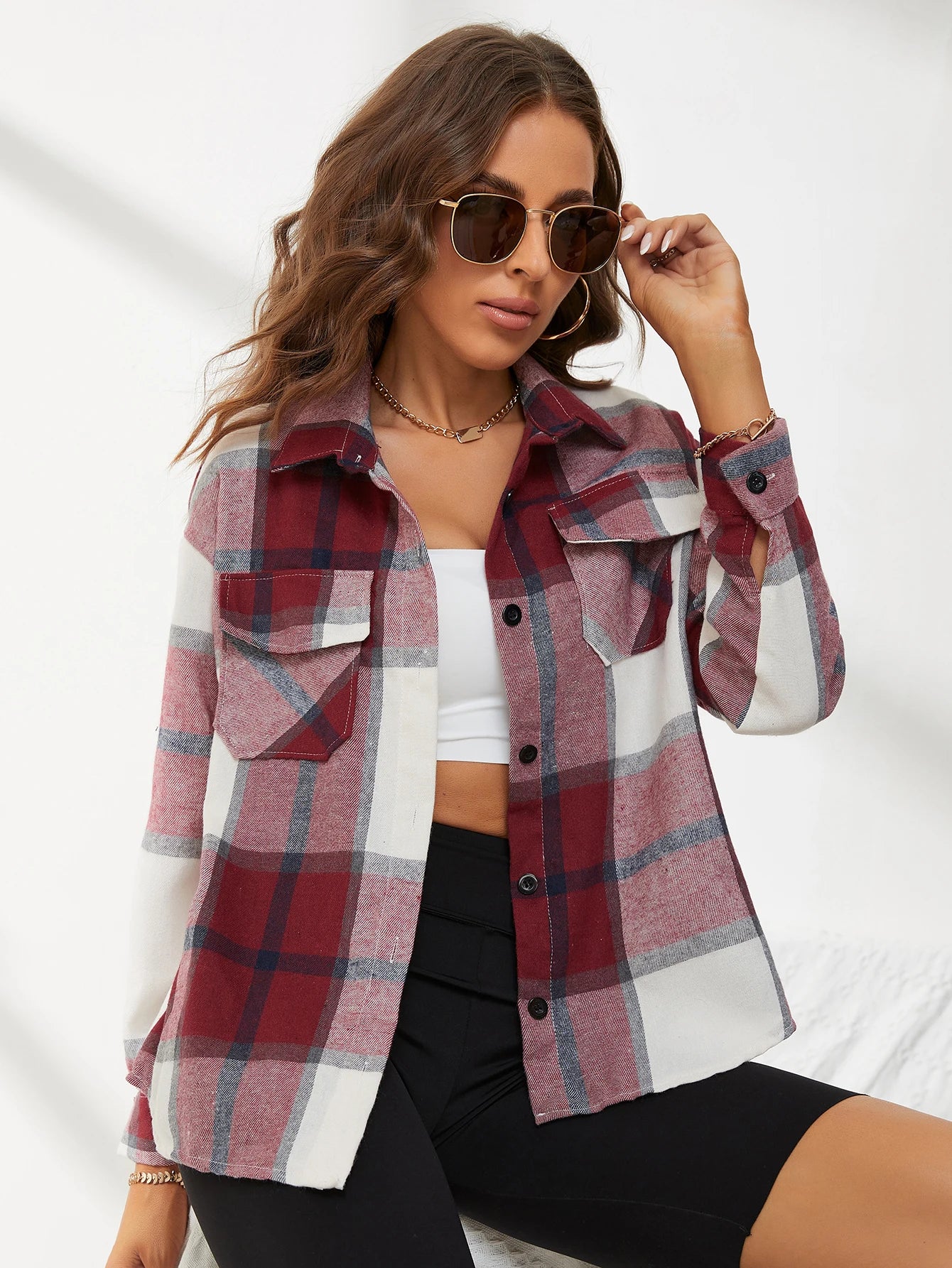 Lapel Plaid Women‘s Shirts Spring Autumn Single Breasted Brushed Long Sleeve Blouses Streetwear Girls