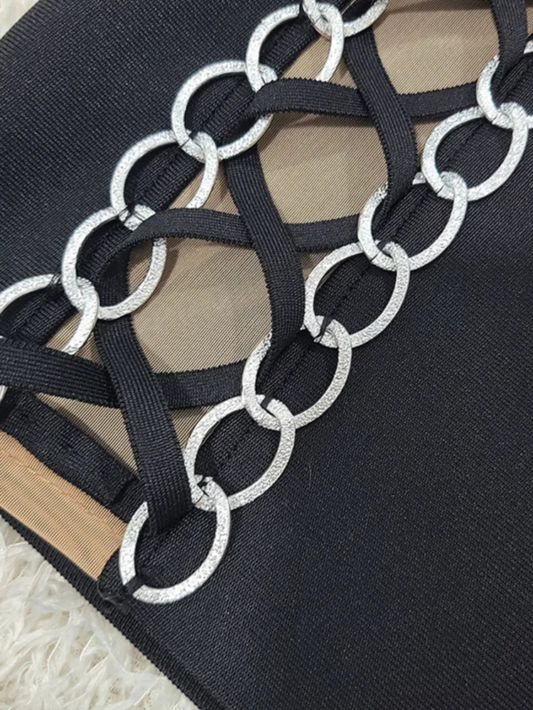 Women Celebrity Sexy Long Sleeve Lace Up Black Mini Bodycon Bandage Dress 2025 Elegant Evening Club Party Outfit