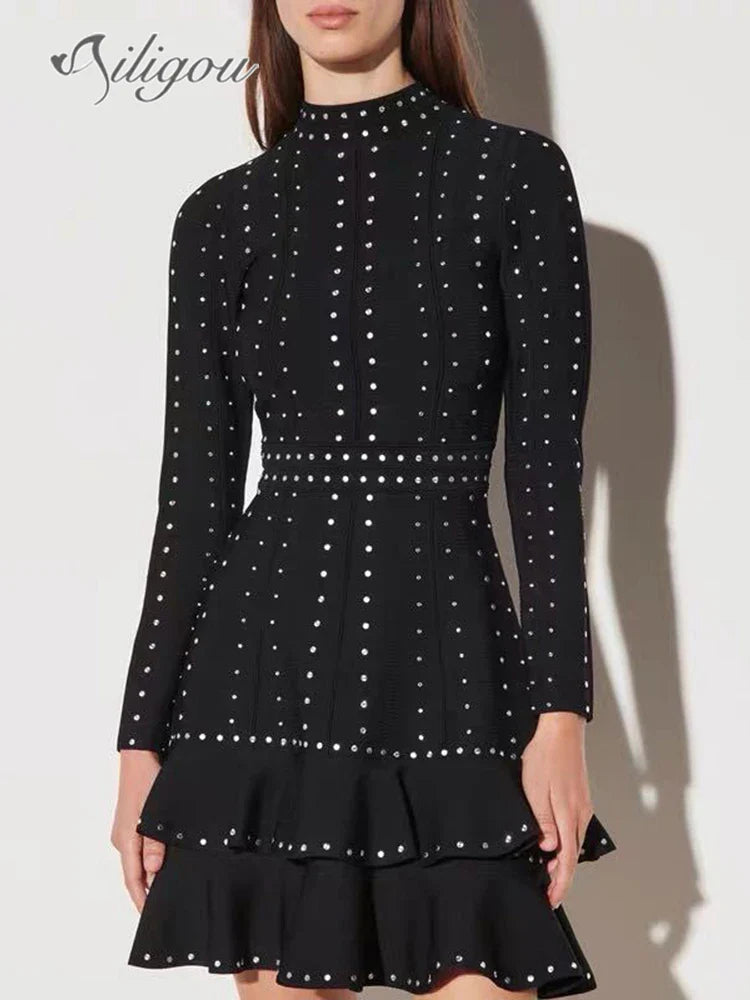 Ailigou New Women's Black Sexy Luxury Diamond Knitted Mini A-line Dress Long sleeved Ruffle Edge Layered Formal Party Dress