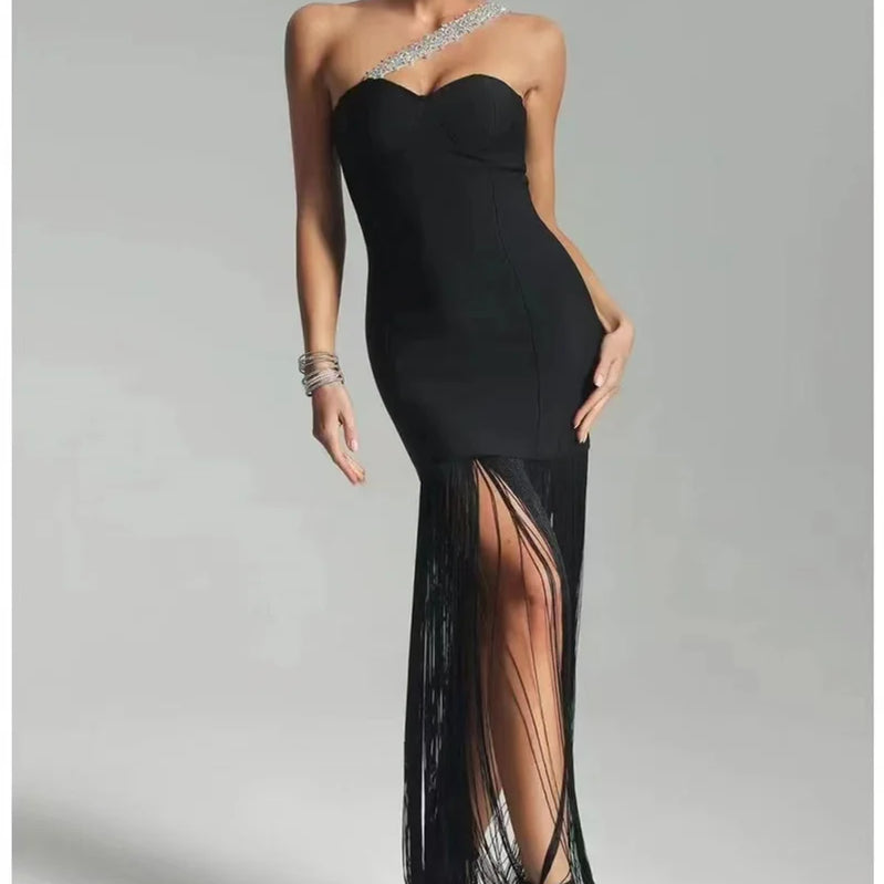 2024 Summer Women New Black Sexy One Shoulder Diamond Sleeveless Bodycon Bandage Dress Elegant Fashion Tassel Long Dress