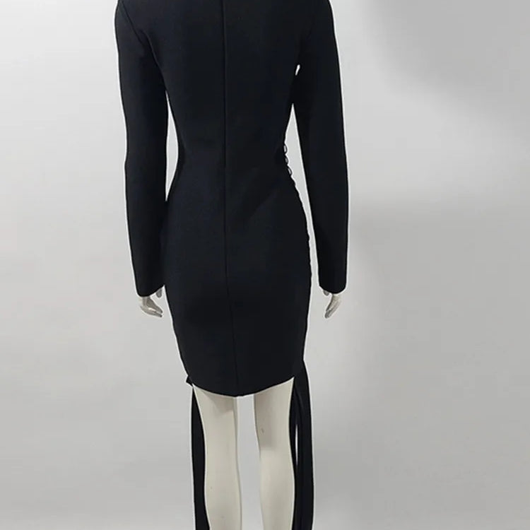 Women Celebrity Sexy Long Sleeve Lace Up Black Mini Bodycon Bandage Dress 2025 Elegant Evening Club Party Outfit