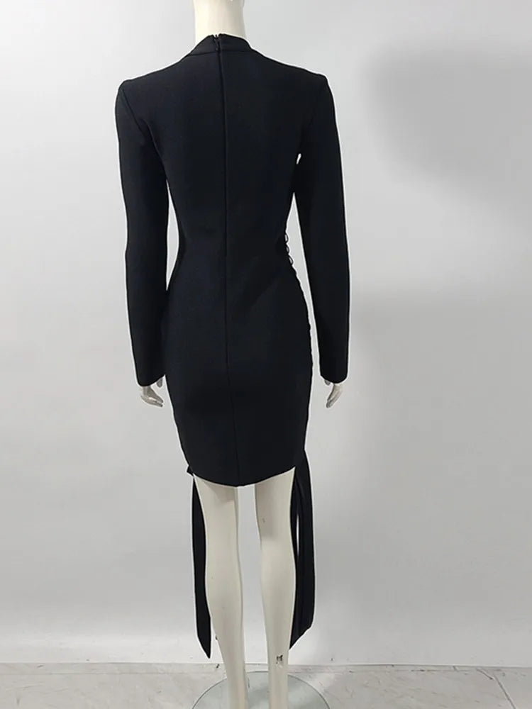 Women Celebrity Sexy Long Sleeve Lace Up Black Mini Bodycon Bandage Dress 2025 Elegant Evening Club Party Outfit