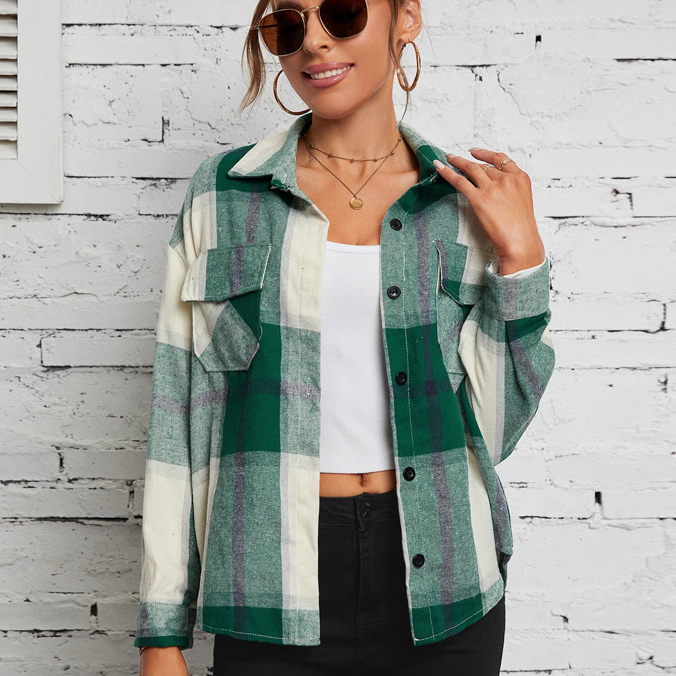 Lapel Plaid Women‘s Shirts Spring Autumn Single Breasted Brushed Long Sleeve Blouses Streetwear Girls green