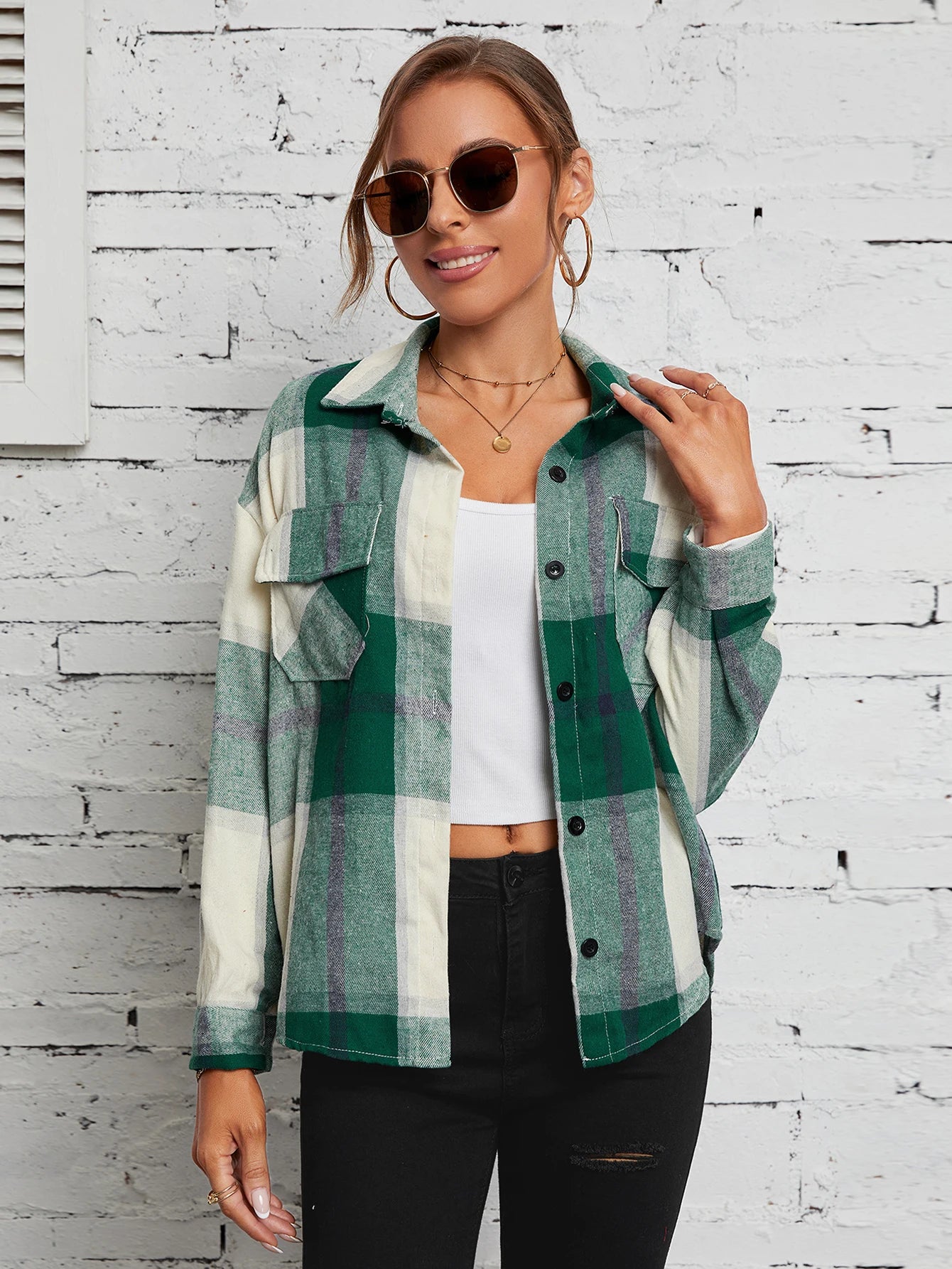 Lapel Plaid Women‘s Shirts Spring Autumn Single Breasted Brushed Long Sleeve Blouses Streetwear Girls green