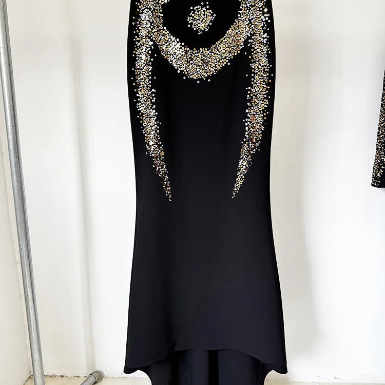 High Street Women's New Star Fashion Heavy Industry Embroidered sequin Short Top Fish Tail Half Skirt Set Two Piece Set