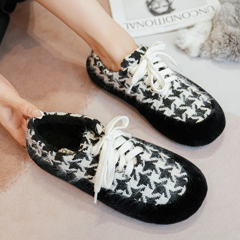 winter women's plush warm shoes Korean style Lace-up loafers party and work wear Ladies' casual flats mary jane boat shoes