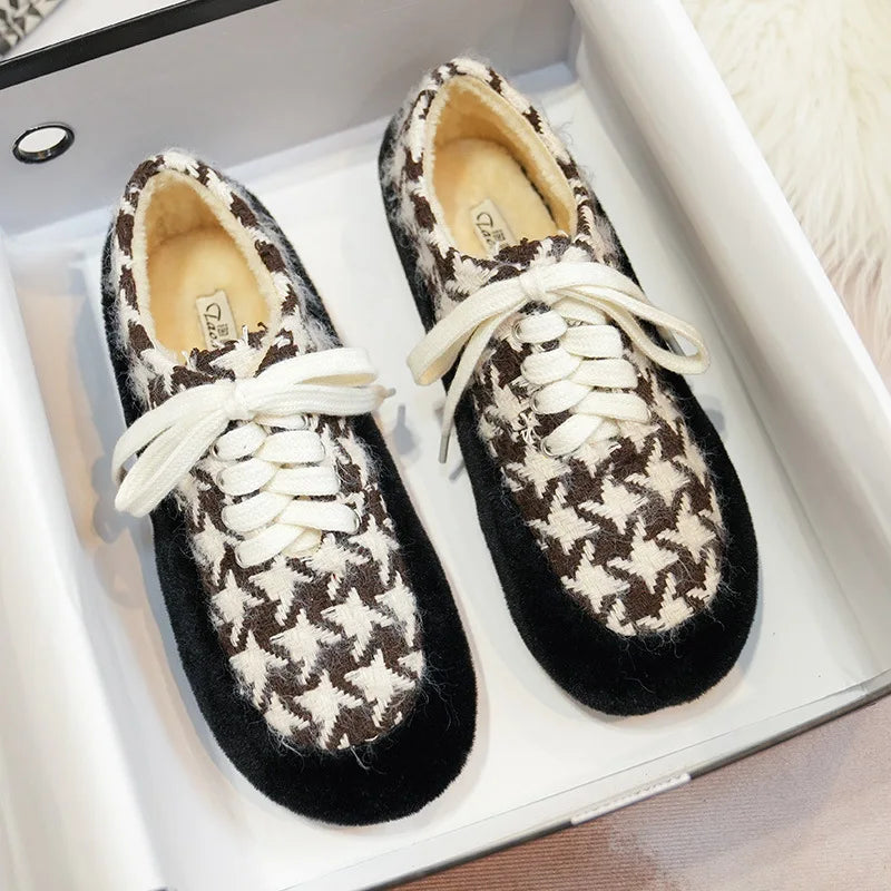 winter women's plush warm shoes Korean style Lace-up loafers party and work wear Ladies' casual flats mary jane boat shoes