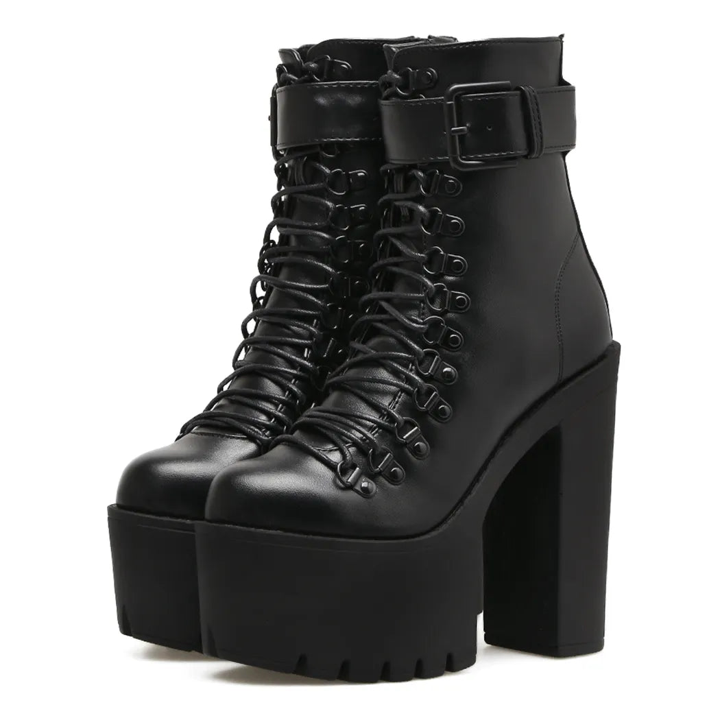 Women's Platform Chunky High Heel Ankle Boots Black Buckle Strap Lace Up Side Zipper Motorcycle Boots Punk Style Shoes black