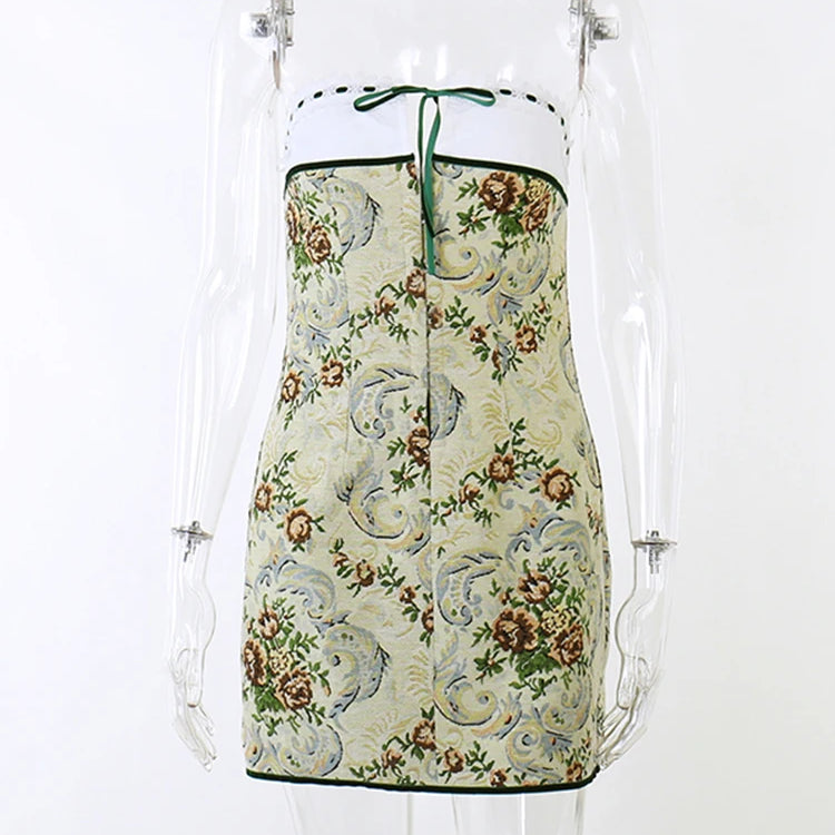 InsLucky Vintage Flower Panelled Tube Skinny Dress Women Strapless Slim Sleeveless Bodycon Elegant Fashion Mini Vestidos Dresses Yellow