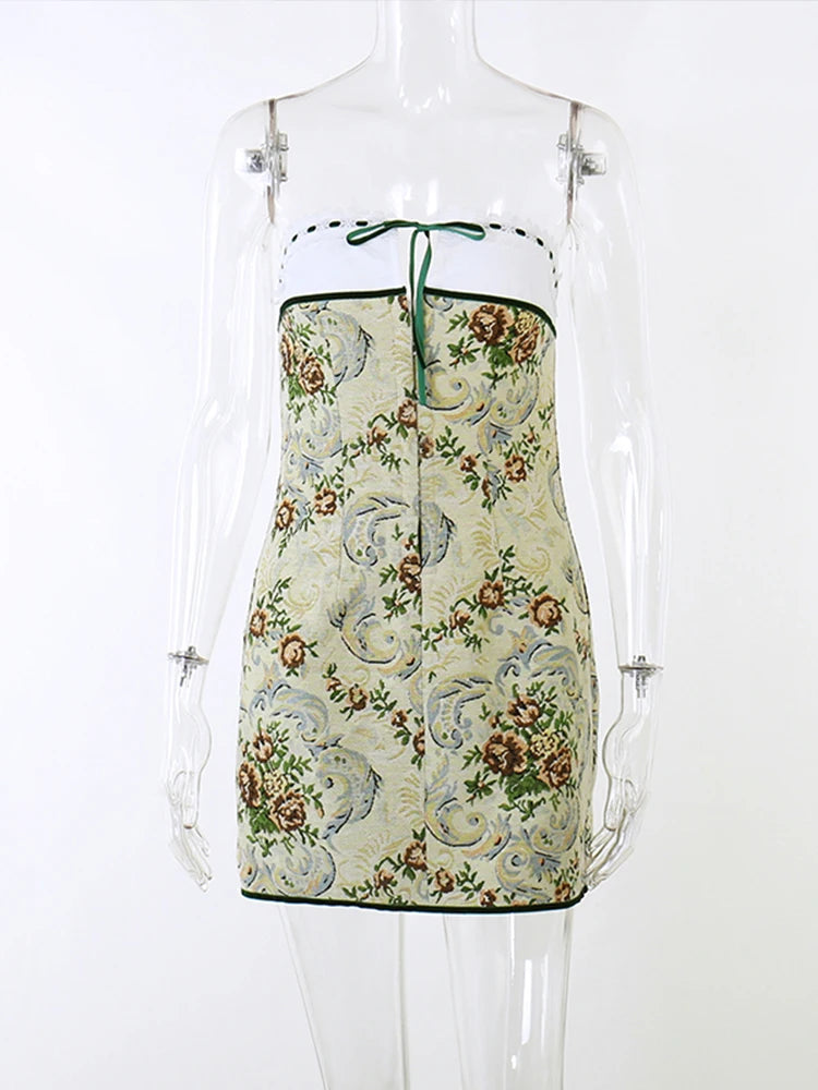 InsLucky Vintage Flower Panelled Tube Skinny Dress Women Strapless Slim Sleeveless Bodycon Elegant Fashion Mini Vestidos Dresses Yellow