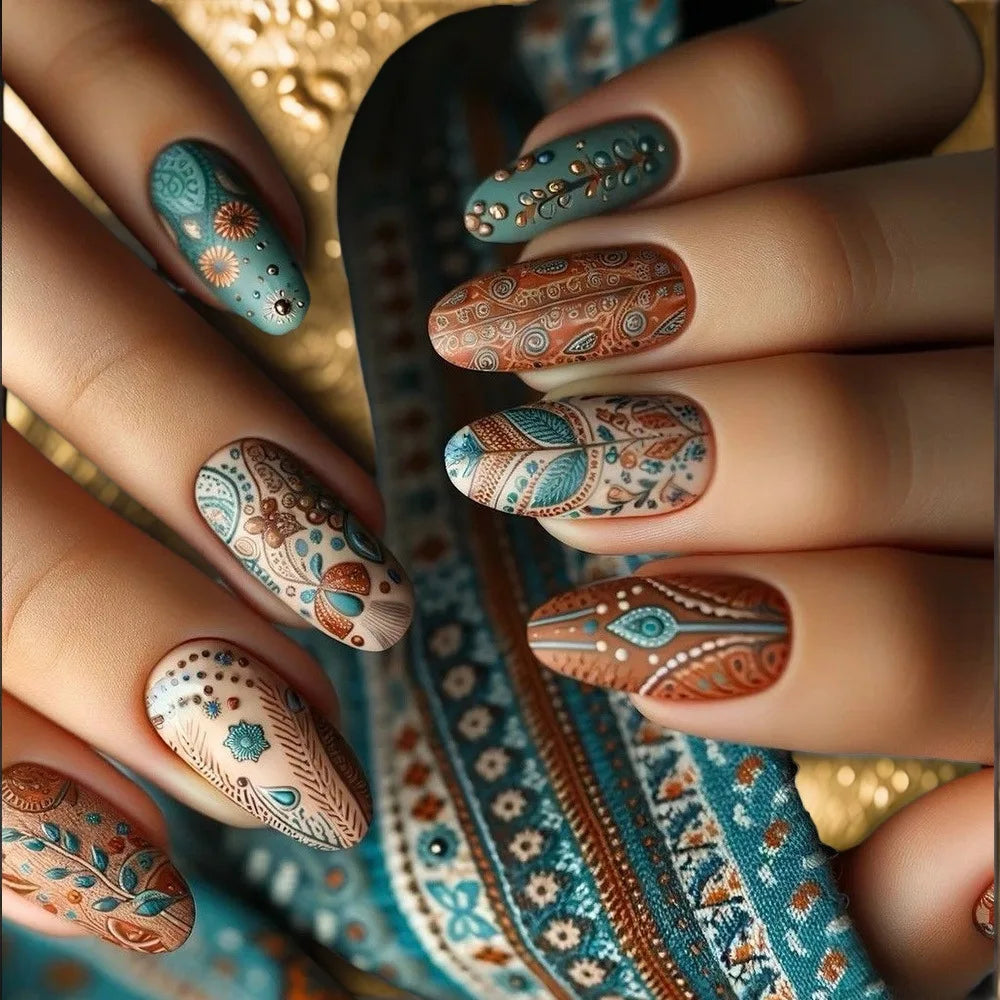 24pcs/set Floral Pattern Press-On Nail Set Mixed Color Ballet Shape Medium Length Simple Sweet Elegant Luxury Style Fake Nails