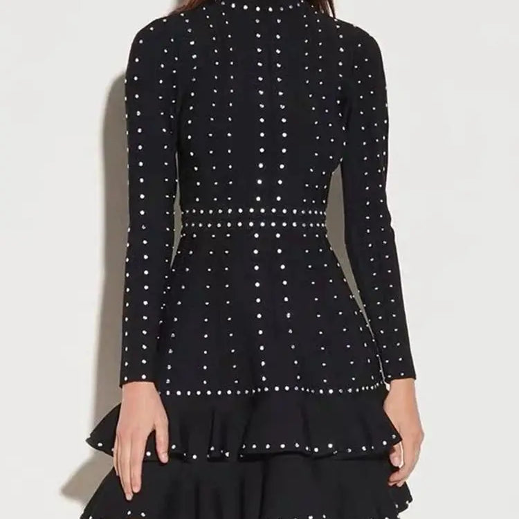 Ailigou New Women's Black Sexy Luxury Diamond Knitted Mini A-line Dress Long sleeved Ruffle Edge Layered Formal Party Dress