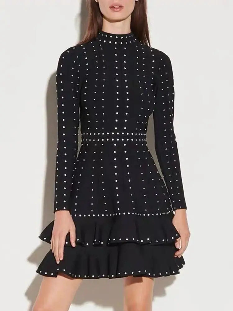 Ailigou New Women's Black Sexy Luxury Diamond Knitted Mini A-line Dress Long sleeved Ruffle Edge Layered Formal Party Dress