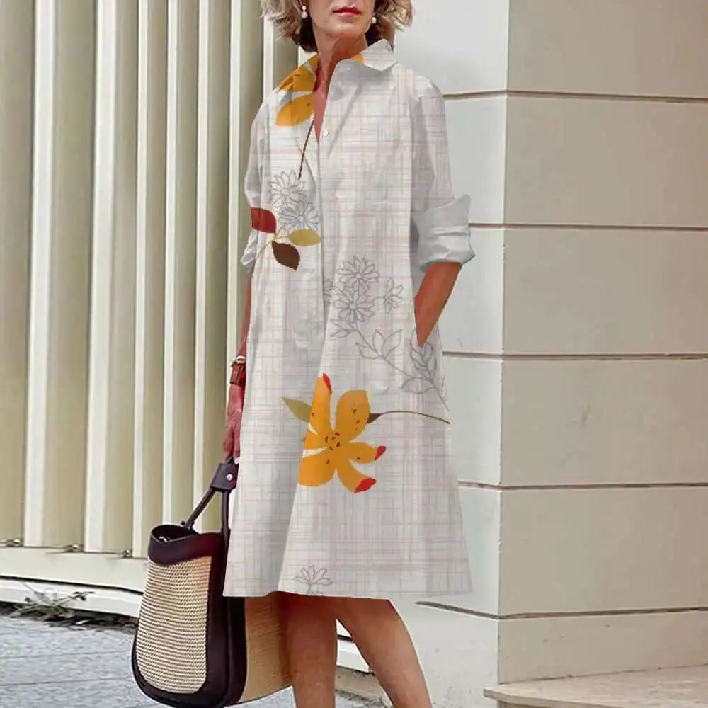 Vestidos de camisa elegantes femininos, moda outono, florais, manga comprida, soltos, linha A, vestidos femininos para escritório, vermelho, verde, lapela