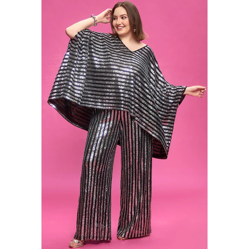 Plus Size Party Silver Fall Winter V Neck Batwing Sleeve 3/4 Sleeve Pocket Sequin Two Piece Pant Sets