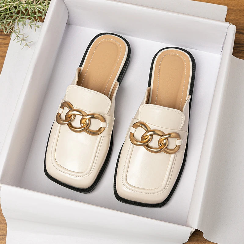spring and autumn women wear flat slippers british style party and work wear metal chain design Ladies Casual Mules 41-43