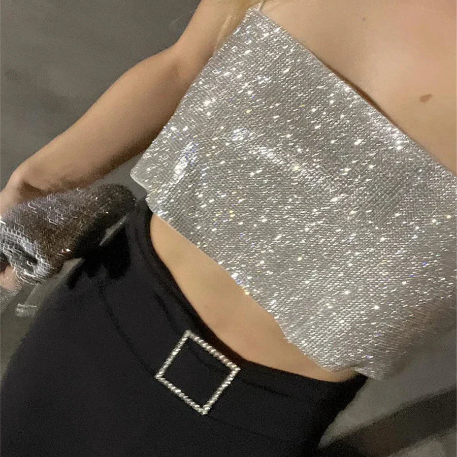 wsevypo Chic Glitters Spaghetti Strap Camisole Shiny Bandeau Tube Tops Fashion Women Sling Crop Tops Party Club Street Tops