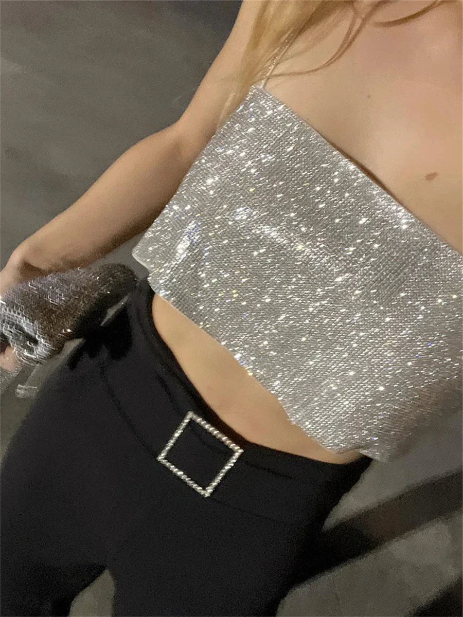 wsevypo Chic Glitters Spaghetti Strap Camisole Shiny Bandeau Tube Tops Fashion Women Sling Crop Tops Party Club Street Tops