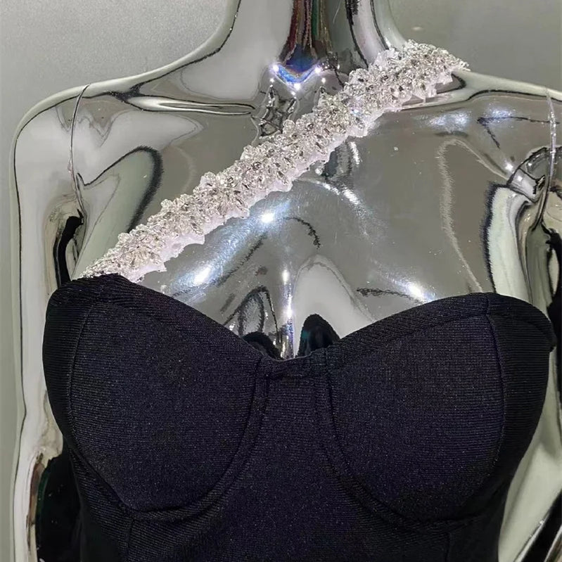 2024 Summer Women New Black Sexy One Shoulder Diamond Sleeveless Bodycon Bandage Dress Elegant Fashion Tassel Long Dress