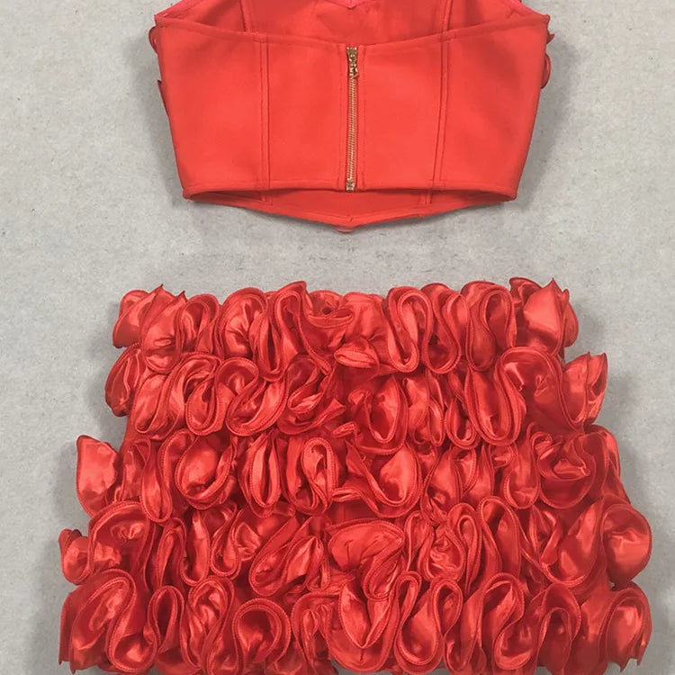 Women Summer Sexy Strapless Zipper Red Flower Mini Two Pieces Skirt Bandage Set 2025 Celebrity Designer Fashion Women's Set