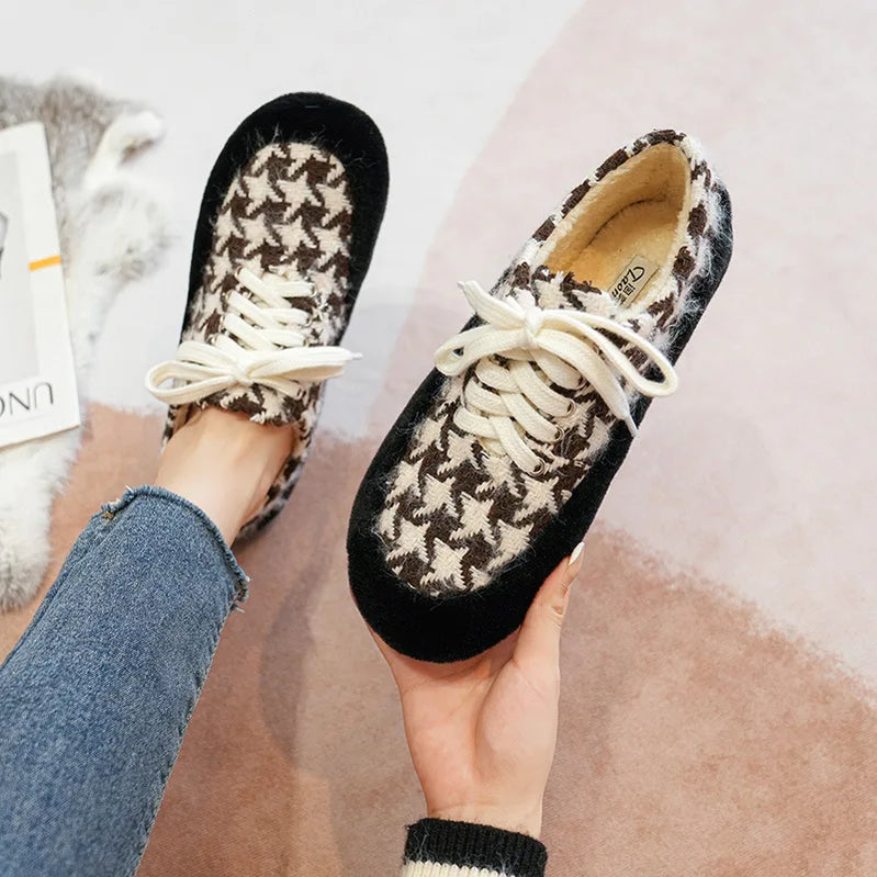 winter women's plush warm shoes Korean style Lace-up loafers party and work wear Ladies' casual flats mary jane boat shoes