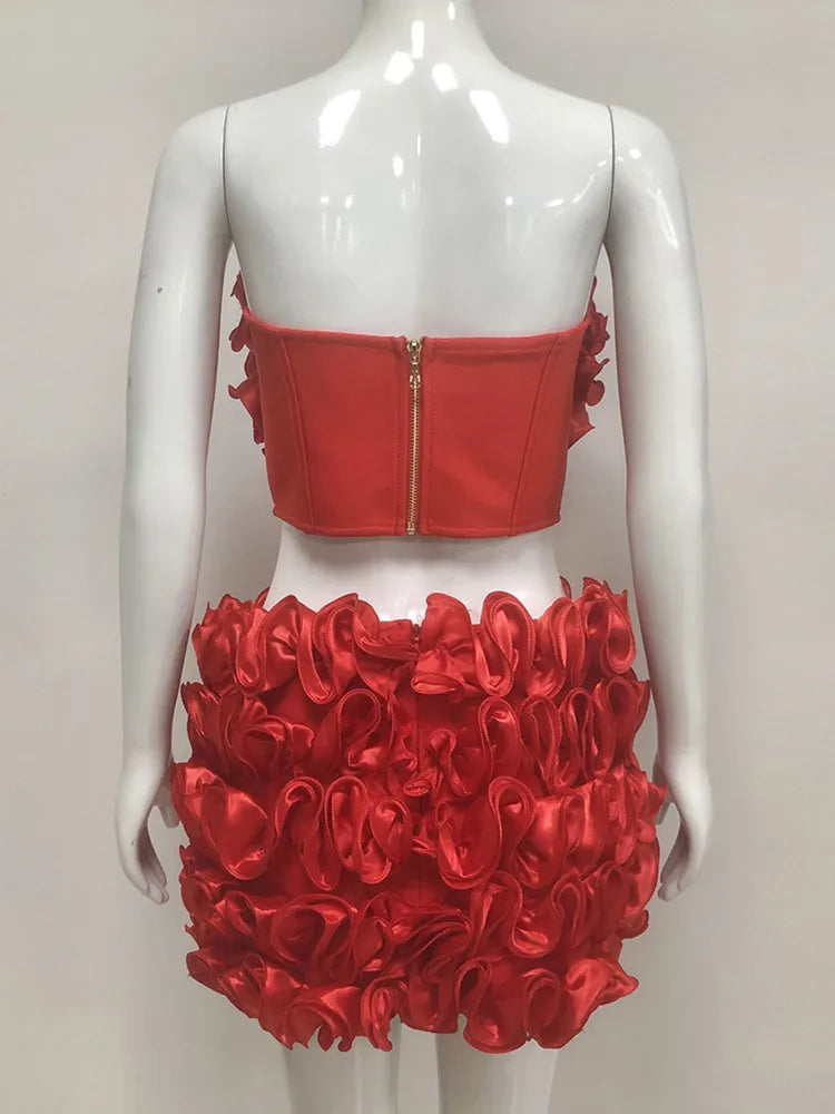 Women Summer Sexy Strapless Zipper Red Flower Mini Two Pieces Skirt Bandage Set 2025 Celebrity Designer Fashion Women's Set