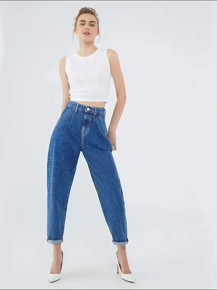 High Waist Straight Jeans Dark Blue