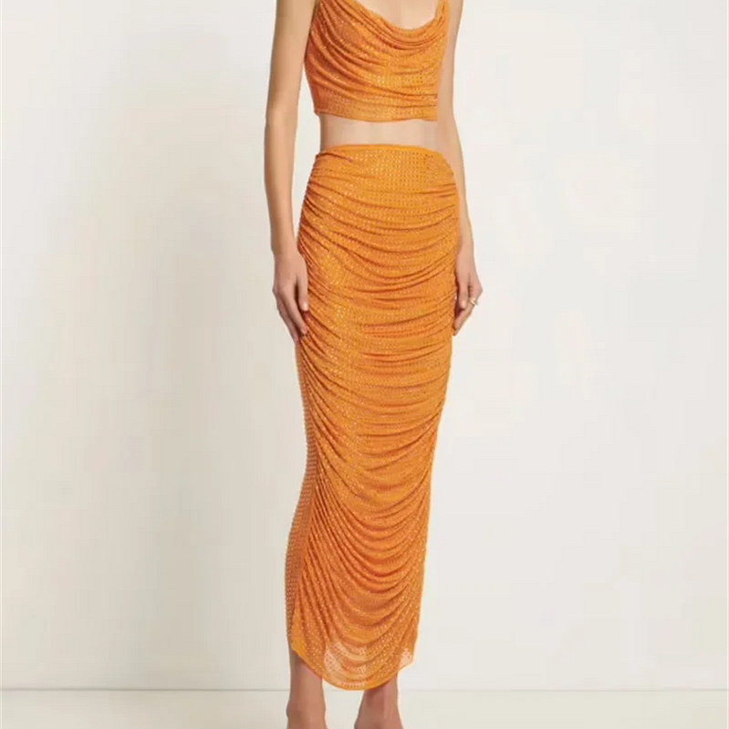 High Street Summer Orange Sexy Spaghetti Straps Short Top +High Waist Pencil Skirt 2 Piece Set Vintage