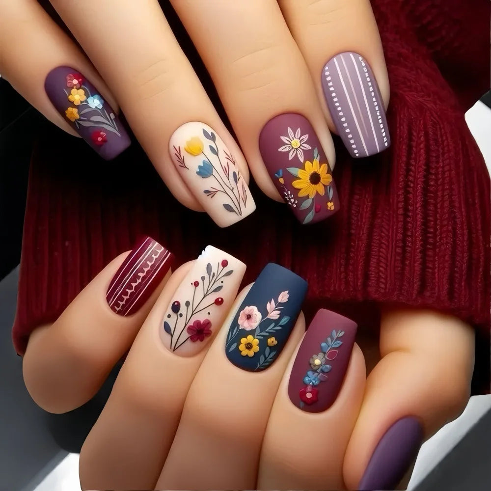 24pcs/set Floral Pattern Press-On Nail Set Mixed Color Ballet Shape Medium Length Simple Sweet Elegant Luxury Style Fake Nails
