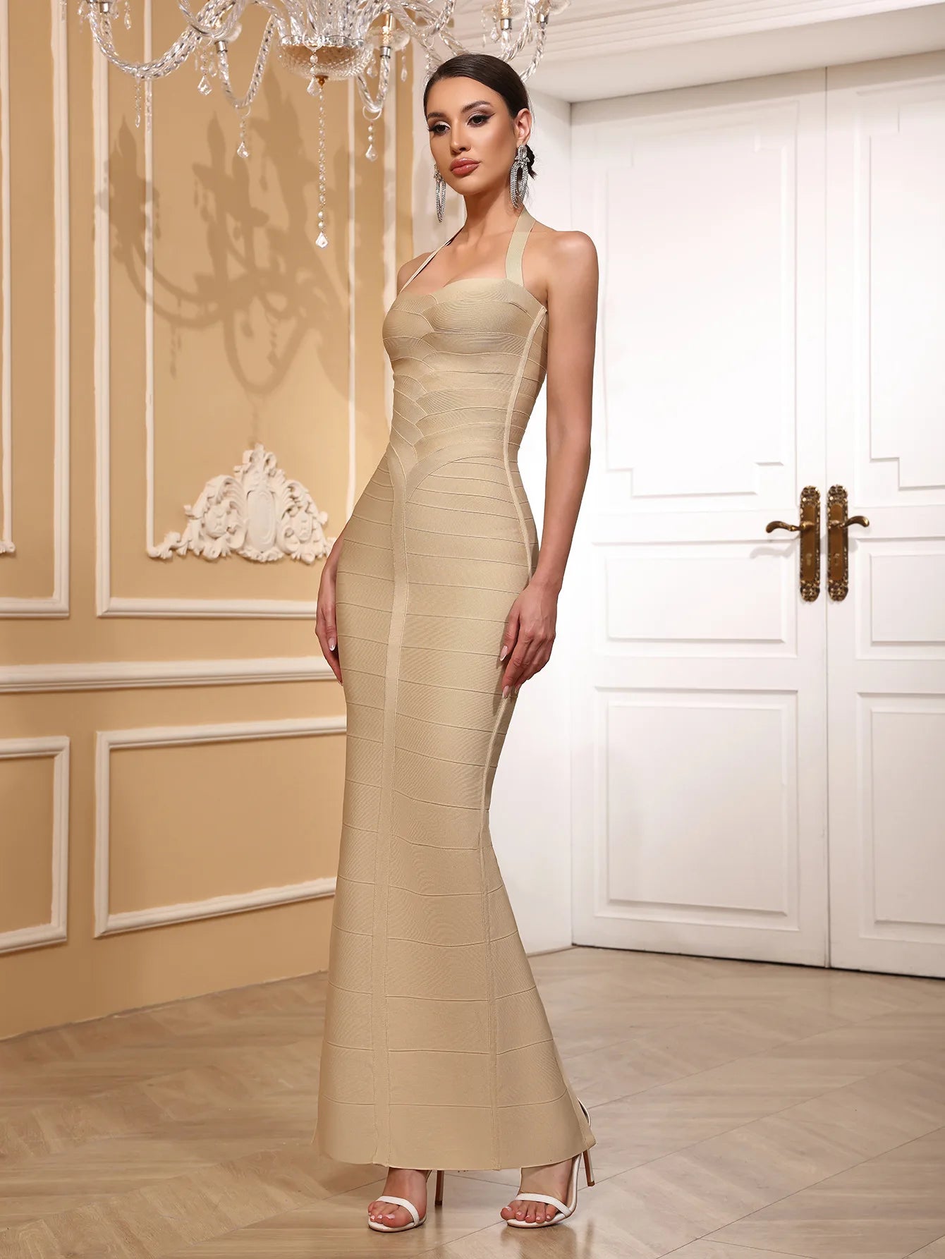 High quality women summer white pachwork sexy halter spaghetti straps slim long bandage dress fashion backless party dress