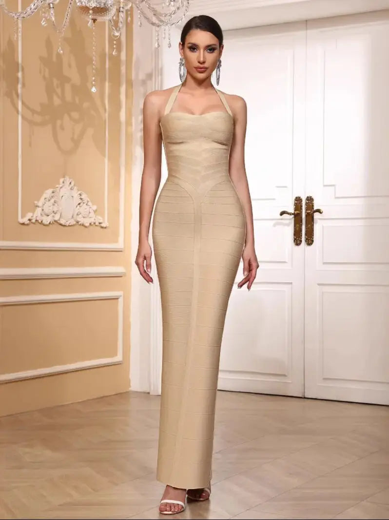 High quality women summer white pachwork sexy halter spaghetti straps slim long bandage dress fashion backless party dress