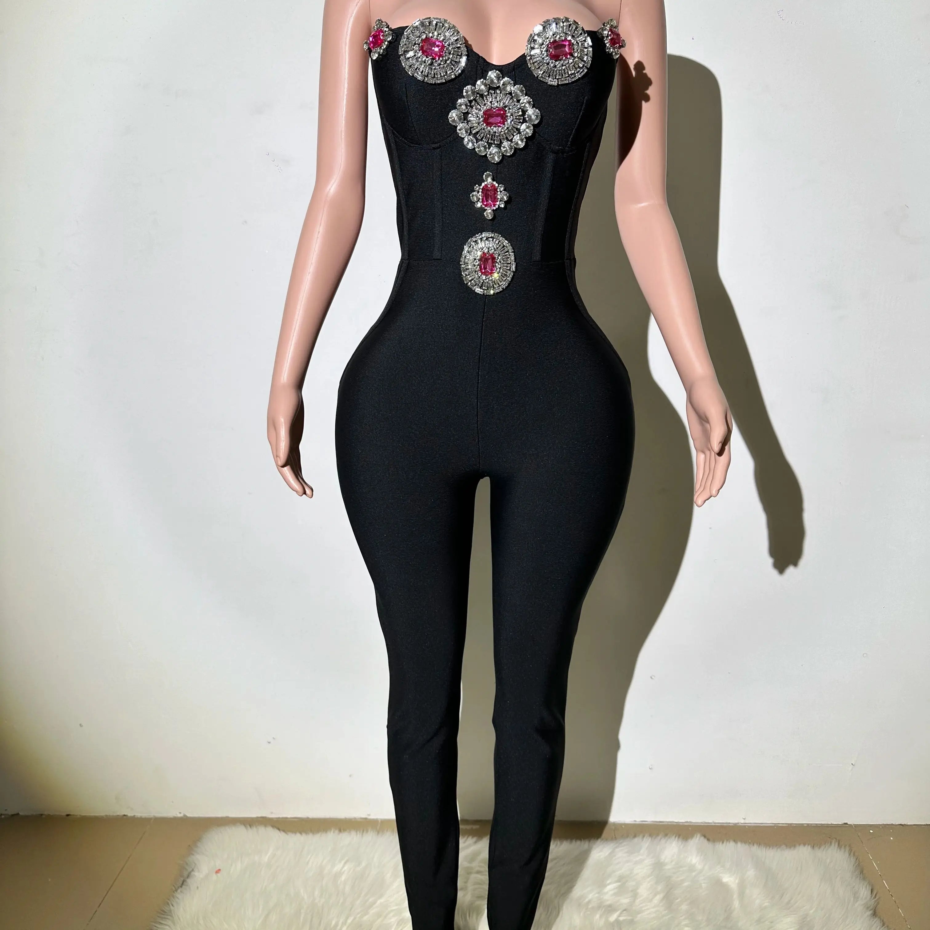 High quality women's new black sexy low cut strapless bandage jumpsuit fashionable luxury party dress