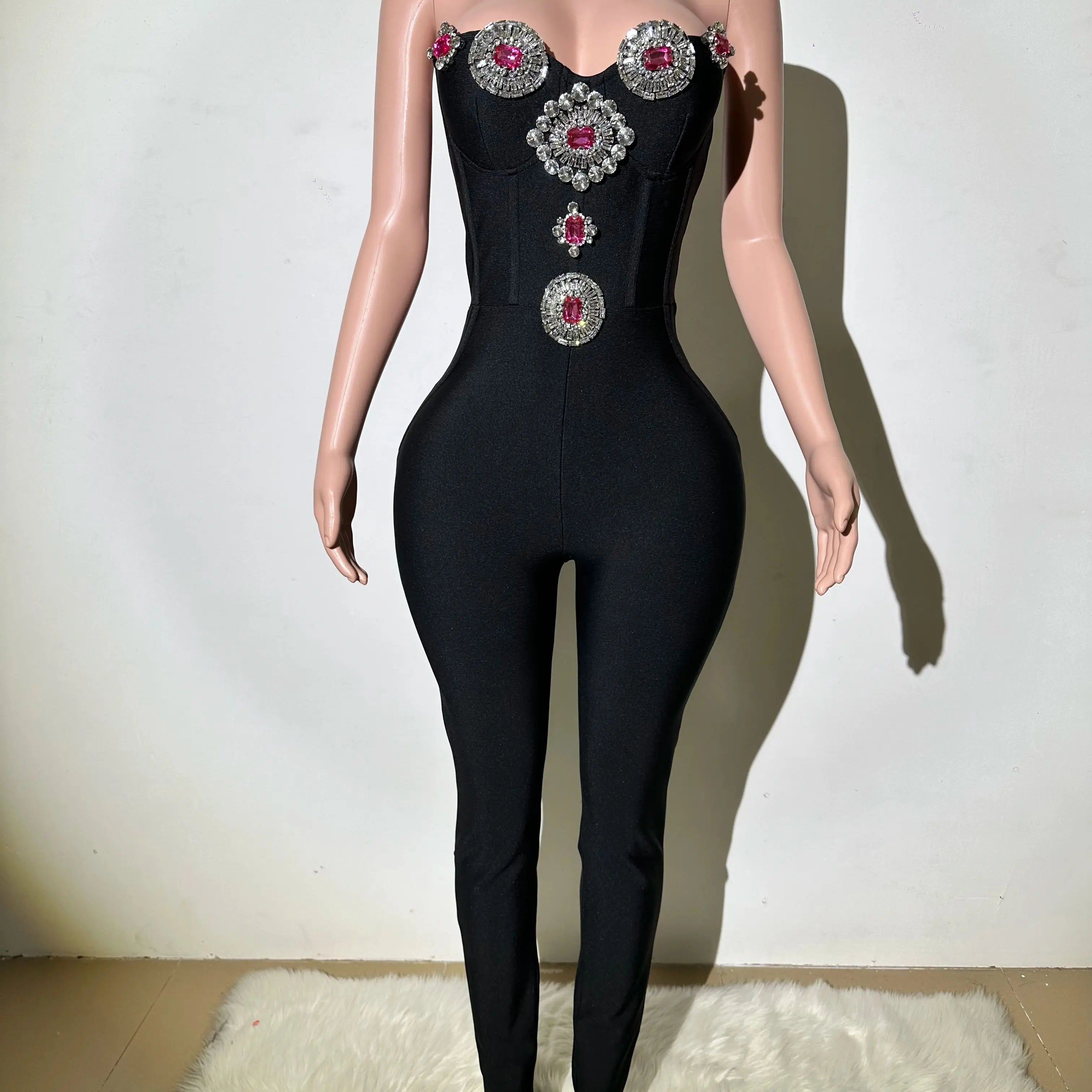 High quality women's new black sexy low cut strapless bandage jumpsuit fashionable luxury party dress