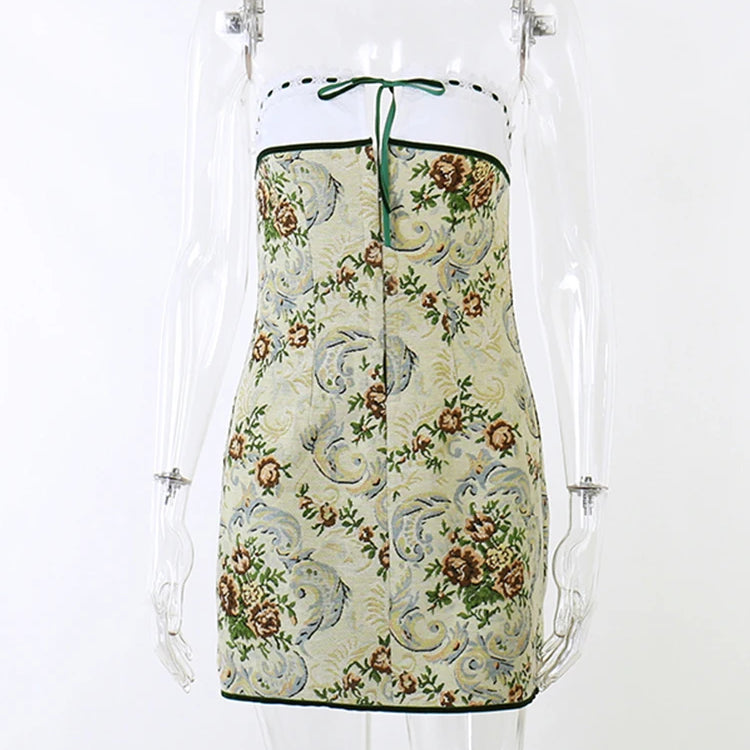 InsLucky Vintage Flower Panelled Tube Skinny Dress Women Strapless Slim Sleeveless Bodycon Elegant Fashion Mini Vestidos Dresses